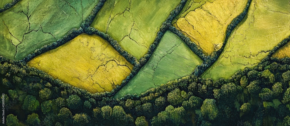 Poster Vibrant green and yellow patchwork fields with hedgerows in the foreground and lush tree borders reflecting rural landscape beauty from above