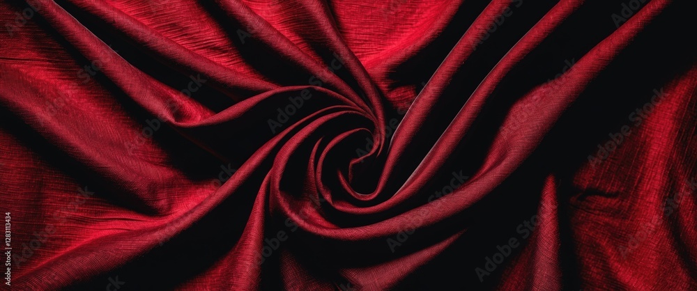 Poster red satin fabric draped in a spiral pattern with a smooth texture and rich color suitable for backgr