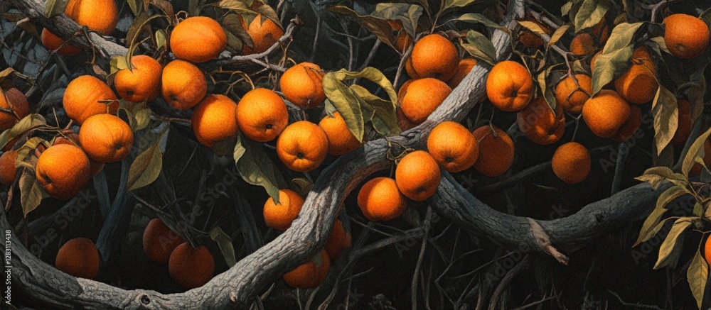 Poster ripe orange persimmons cluster densely among dark twisting branches and lush green leaves creating a