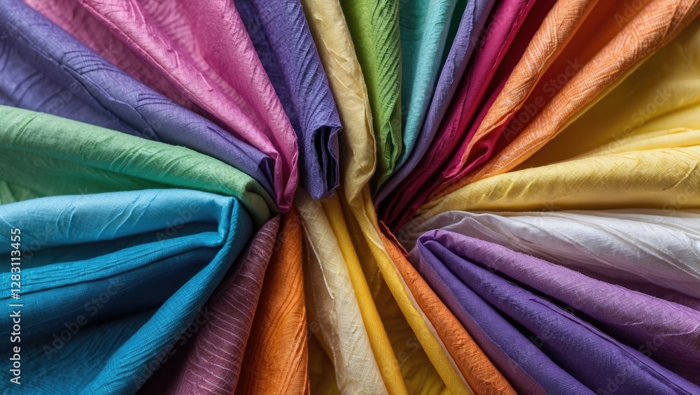 Poster colorful assortment of folded fabrics arranged in a circular pattern showcasing various textures and