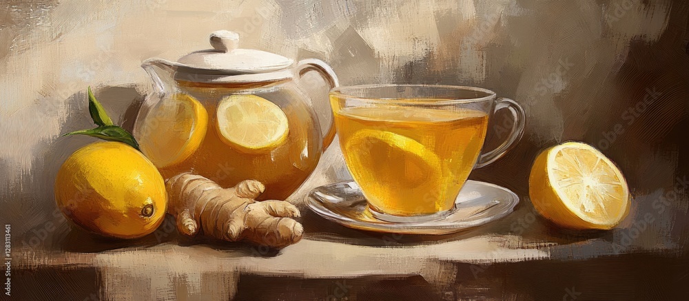 Poster warm herbal tea in a glass cup with lemon slices and ginger root on a rustic table, soft earthy tone