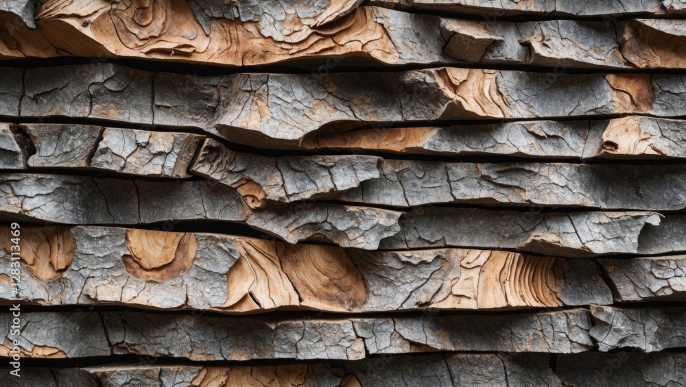 Poster textured wooden bark layered background with natural patterns and earthy tones in a close-up view.