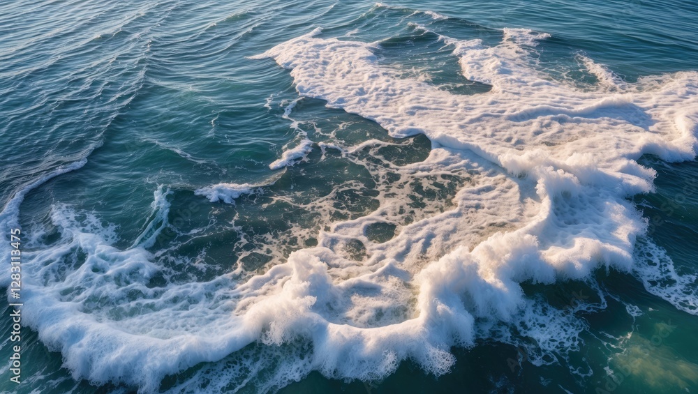 Poster aerial view of ocean waves with white foam creating patterns on the surface in natural turquoise wat