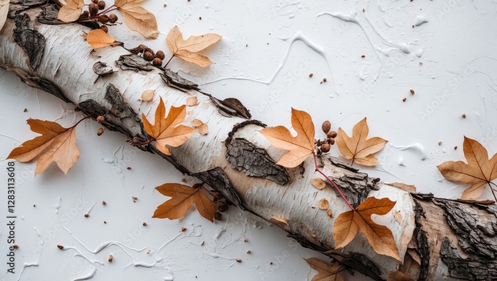 Poster birch tree log with autumn leaves and seeds arranged on a textured white background