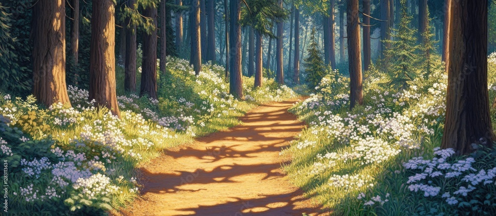 Poster Serene forest path winding through lush greenery and wildflowers under soft sunlight with tall trees lining the sides creating a tranquil atmosphere
