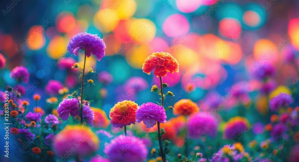 Poster bright colorful flowers in a garden setting with blurred bokeh effect created by vibrant light sourc