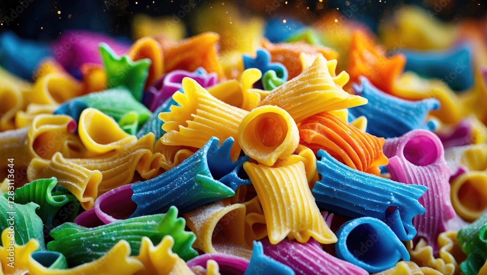 Poster colorful uncooked pasta in various shapes and sizes arranged in a vibrant display with a blurred bac