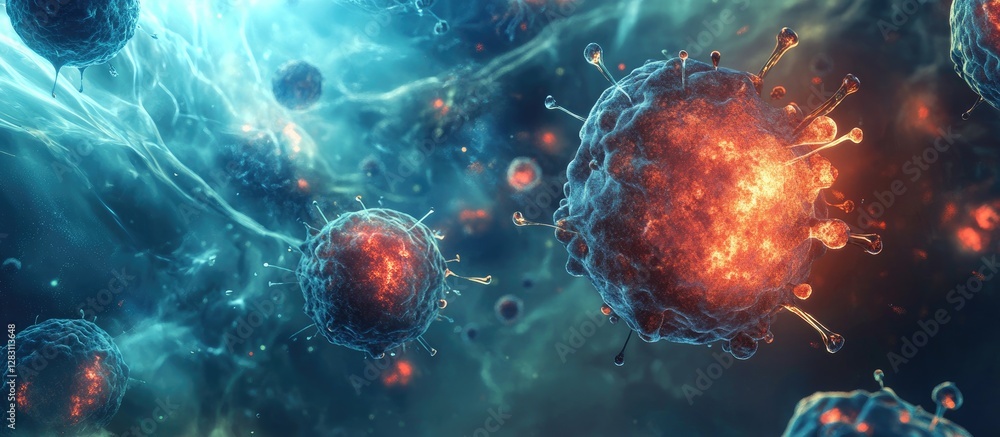 Poster Vivid abstract representation of microscopic bacteria and viruses in blue and orange hues, emphasizing detail in background and foreground elements.