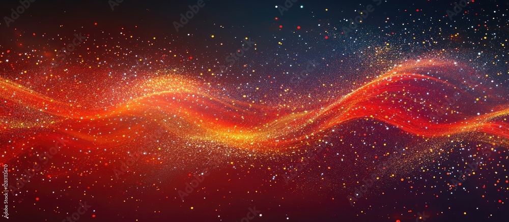 Poster vibrant red and orange abstract bokeh waves with sparkling glitter on a dark background creating an 