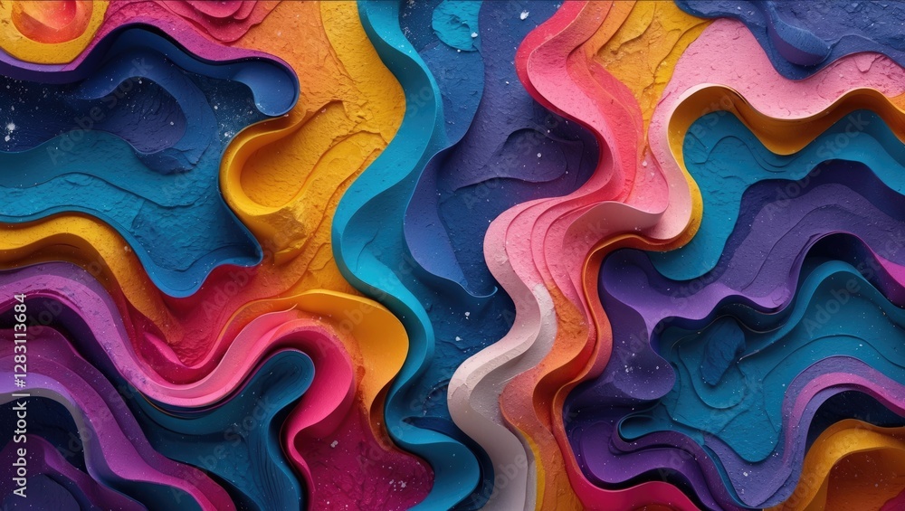 Poster colorful abstract layered textured background with wavy patterns in various vibrant hues