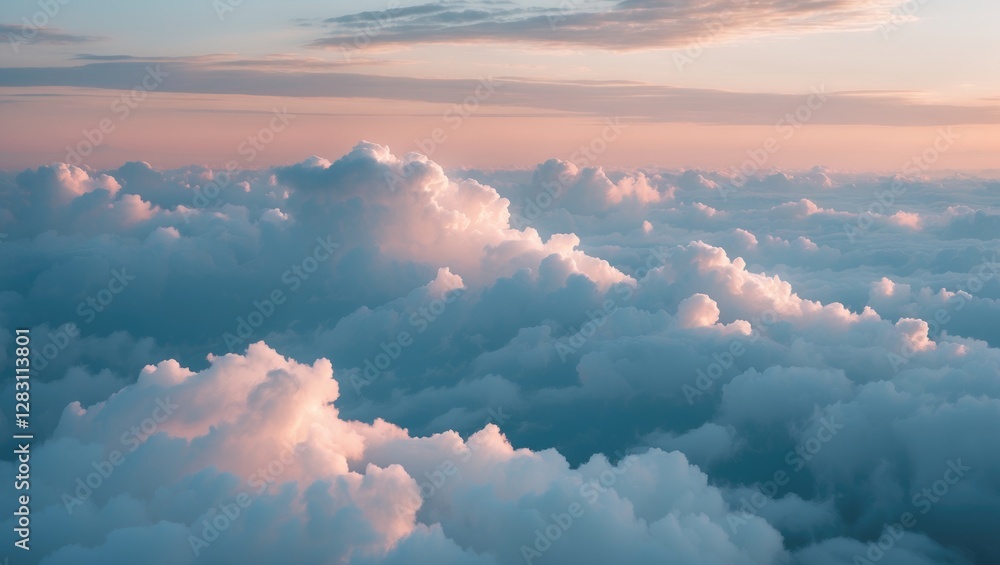 Poster clouds in pastel colors during sunset captured from above with soft lighting and fluffy cloud format
