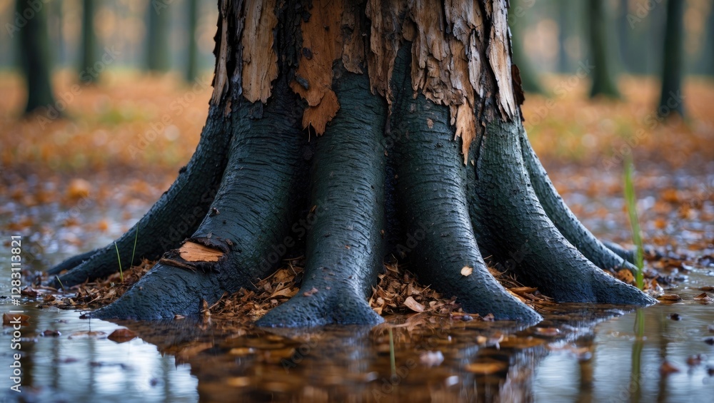 Poster close-up view of tree roots partially submerged in water with autumn leaves scattered on the ground 