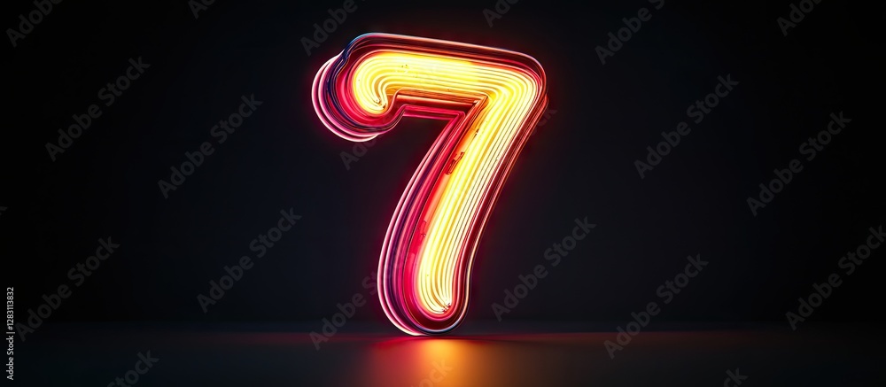 Aufkleber Neon numeral seven in vibrant yellow and orange glows against a solid black background, creating a striking visual contrast in a dark environment