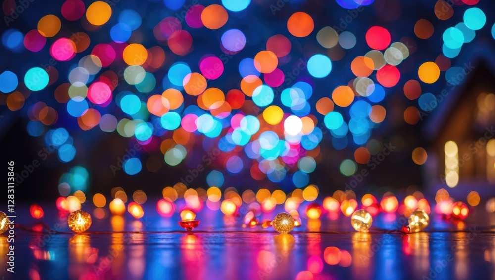 Poster colorful bokeh lights against a dark background with defocused glowing orbs and reflections on a smo