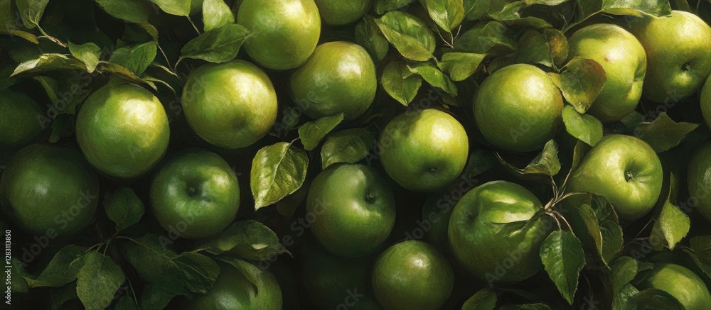 Poster vibrant green apples with fresh leaves create a seamless backdrop; rich colors and textures convey h
