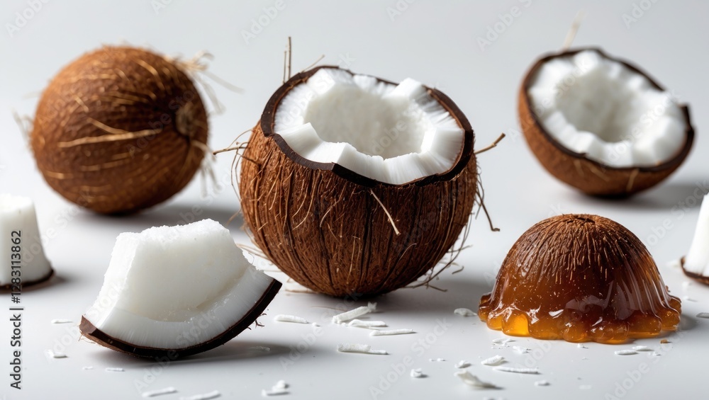 Poster coconuts with open shells and coconut meat pieces on a white surface with jelly and shredded coconut