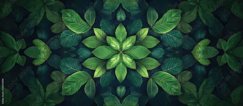 Poster abstract design of vibrant green foliage and leaves arranged symmetrically on a dark background show
