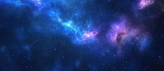 Obraz premium Colorful cosmic scene featuring deep blue and purple hues, with bright nebulae and star clusters, showcasing a vibrant galaxy background.