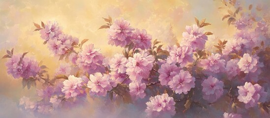 Obraz premium Soft pink cherry blossoms in full bloom against a warm golden background, with delicate leaves positioned throughout a serene landscape.
