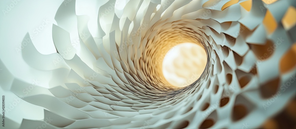 Fototapete Abstract spiral design with white layered paper fins creating depth, set against a soft light background, conveying texture and fluidity.