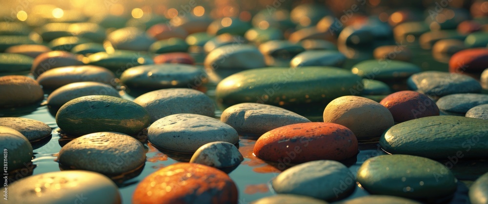 Poster colorful smooth stones in shallow water reflecting sunlight with a soft bokeh effect and vibrant col