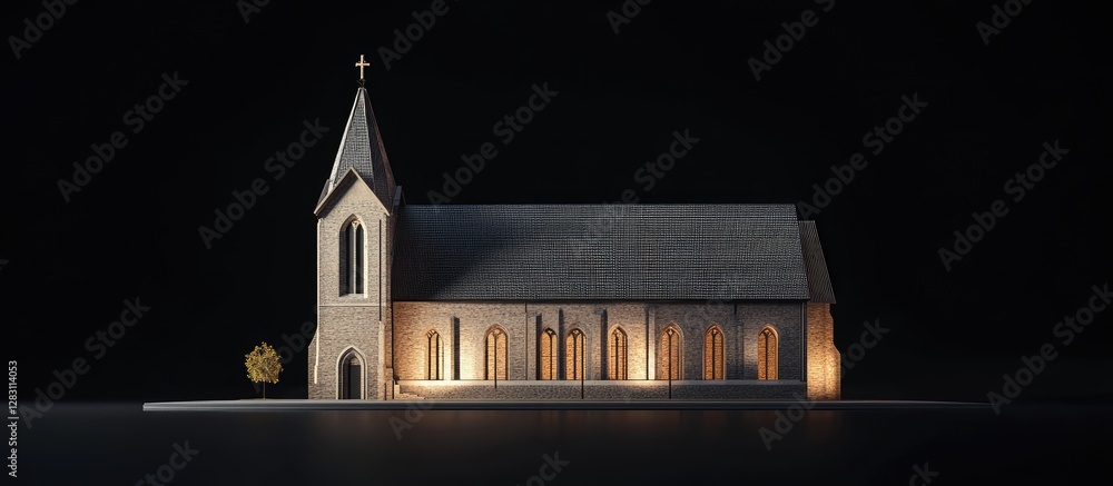 Poster architectural design of a church model illuminated on a dark black background showcasing the intrica
