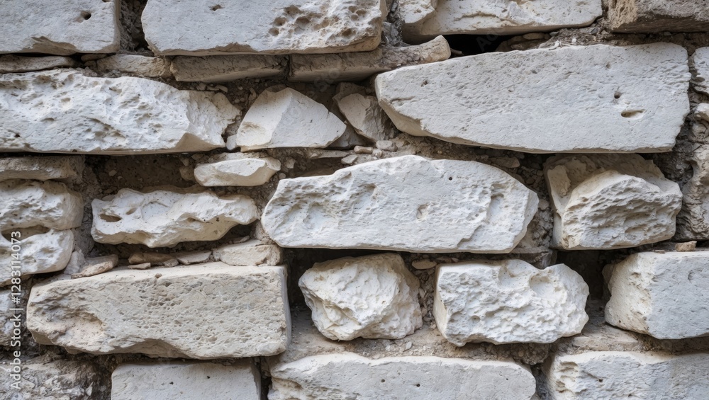 Poster textured stone wall background composed of irregularly shaped white limestone blocks arranged in a p