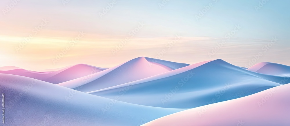 Poster serene pastel landscape of soft rolling hills in shades of blue and pink under a calming sky at dawn