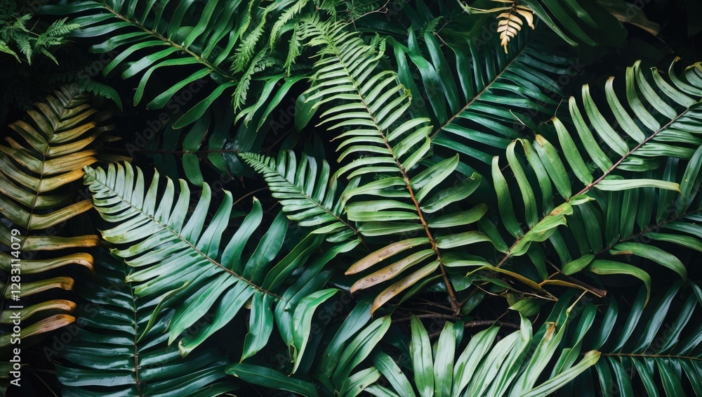 Poster tropical fern leaves in various shades of green overlapping on a dark background creating a natural 