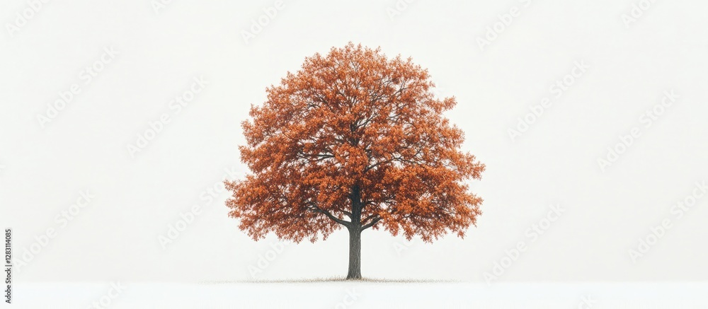 Poster solitary chestnut tree with vibrant orange leaves centered on white background showcasing its distin