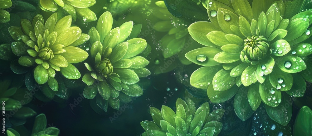 Poster vibrant green flowers with dew droplets in shades of emerald and lime arranged densely, showcasing f