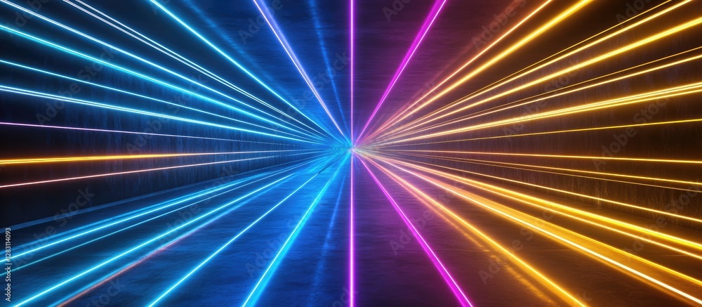 Poster vibrant abstract backdrop featuring dynamic lines of neon laser lights in blue, purple, and orange r