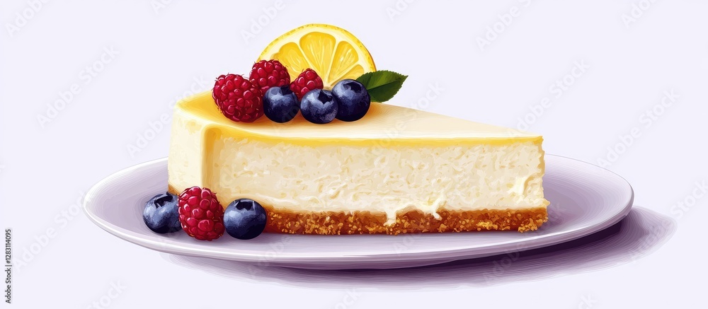 Poster lemon cheesecake slice garnished with lemon slice and mixed berries on a white plate against a light