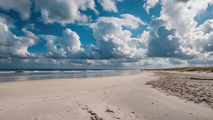 Obraz premium Empty beach landscape with dramatic clouds and calm ocean waves under a bright blue sky on a sunny day