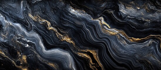 Abstract black marble texture with flowing lines in shades of gray, white, and gold. Dynamic swirls create a sophisticated and elegant visual.