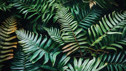 Tropical fern leaves in various shades of green overlapping on a dark background creating a natural textured pattern