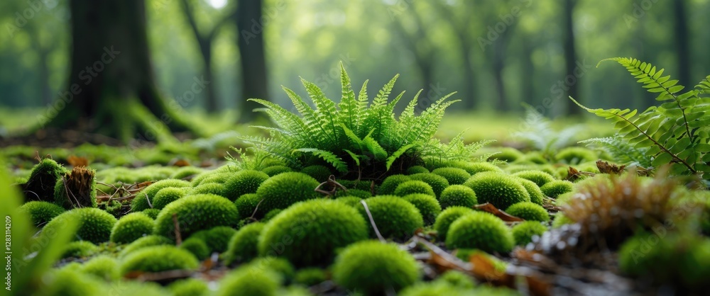 Poster lush green moss and ferns growing on forest floor with blurred trees in background capturing a tranq