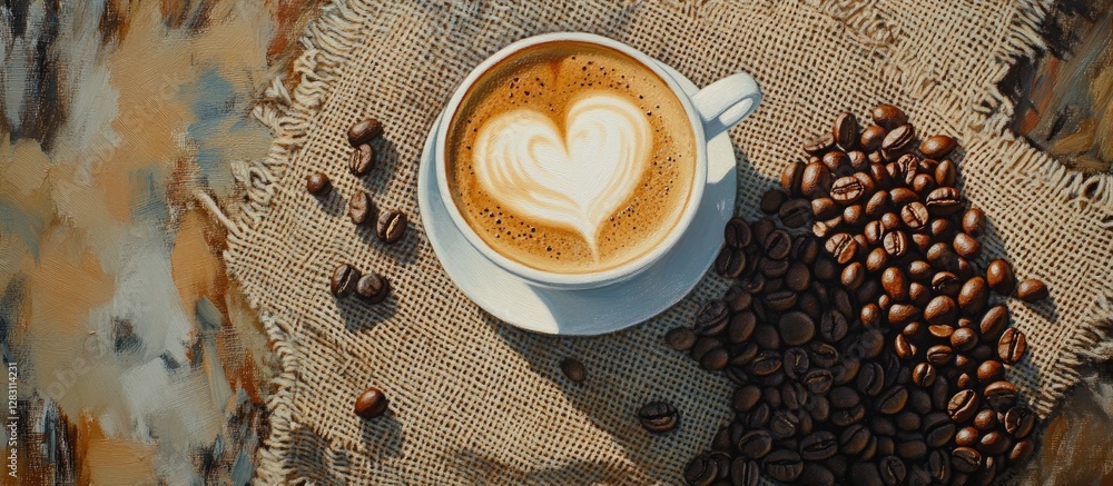Aufkleber coffee cup latte art heart design on burlap with scattered coffee beans and a rustic background in w