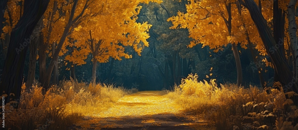 Poster golden autumn forest path with bright yellow leaves, golden grass in foreground, dark trees on both 