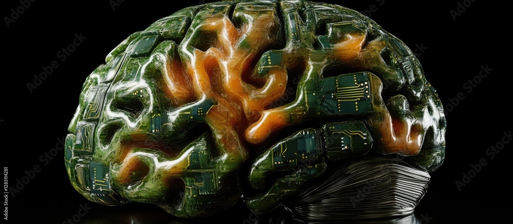 Aufkleber Futuristic brain composed of green circuitry and orange neural pathways on a dark background showcasing innovation and technology in design.