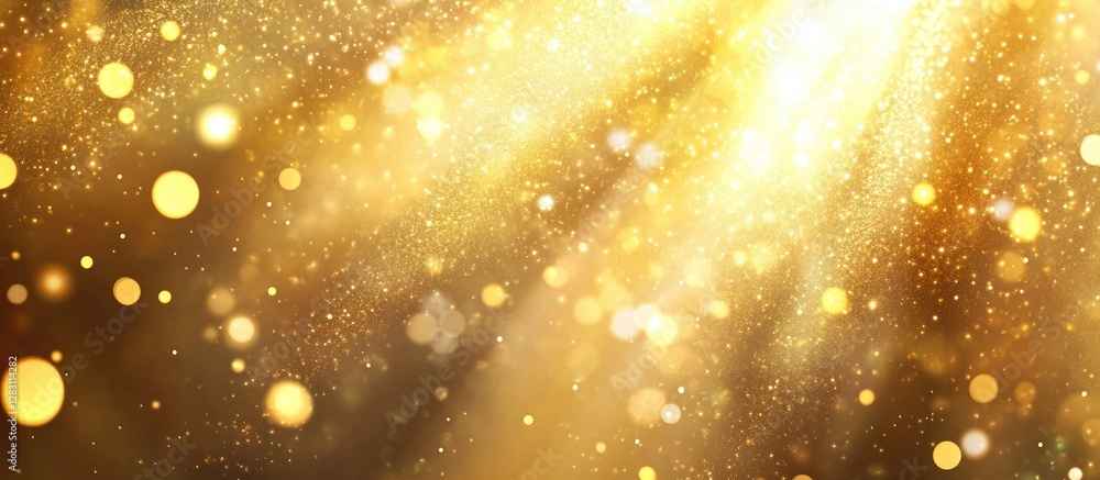 Poster golden abstract background with soft particle lights and radiant dust beams in wavy designs, showcas