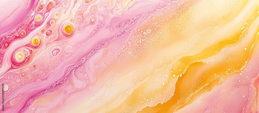 Poster abstract fluid art background featuring swirling pink, yellow, and orange hues with a smooth gradien