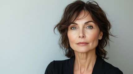 Fototapeta premium Highlighting natural elegance, this stunning mid-aged woman gazes confidently, her expressive features illuminated softly by gentle lighting, capturing a moment of serene introspection