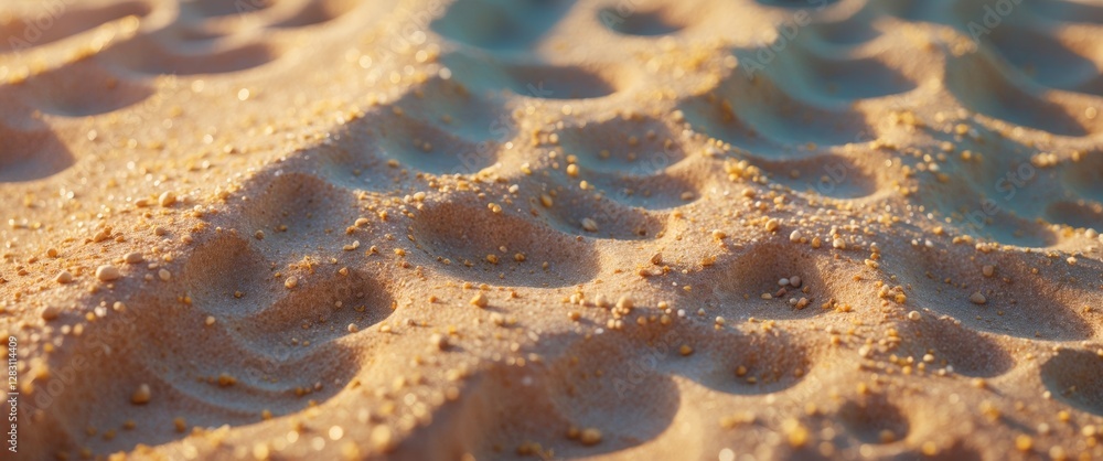 Poster close-up of textured sand patterns created by wind with fine grains and a warm color palette in natu