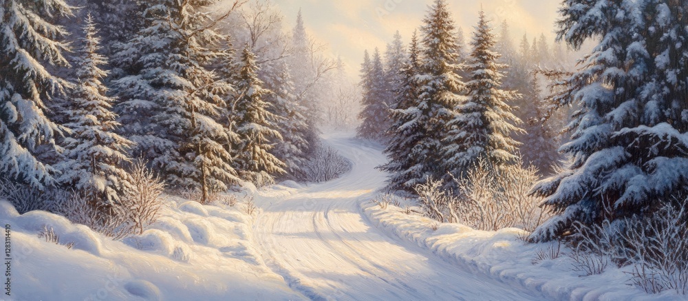 Aufkleber Snowy road weaving through evergreen trees in a serene winter forest scene with soft light creating a tranquil atmosphere and inviting pathway.