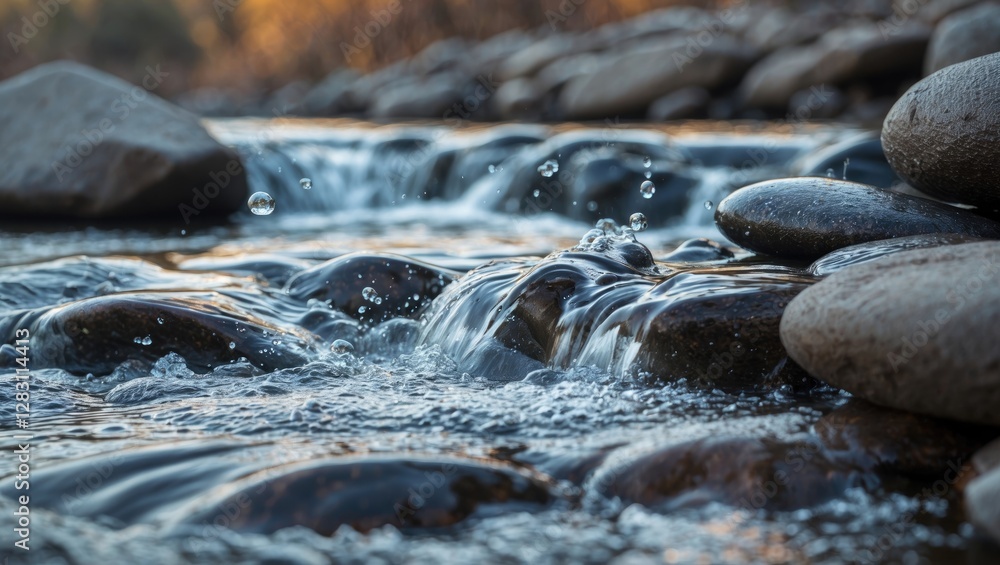 Poster close-up view of smooth river stones with flowing water cascading over them illuminated by warm sunl