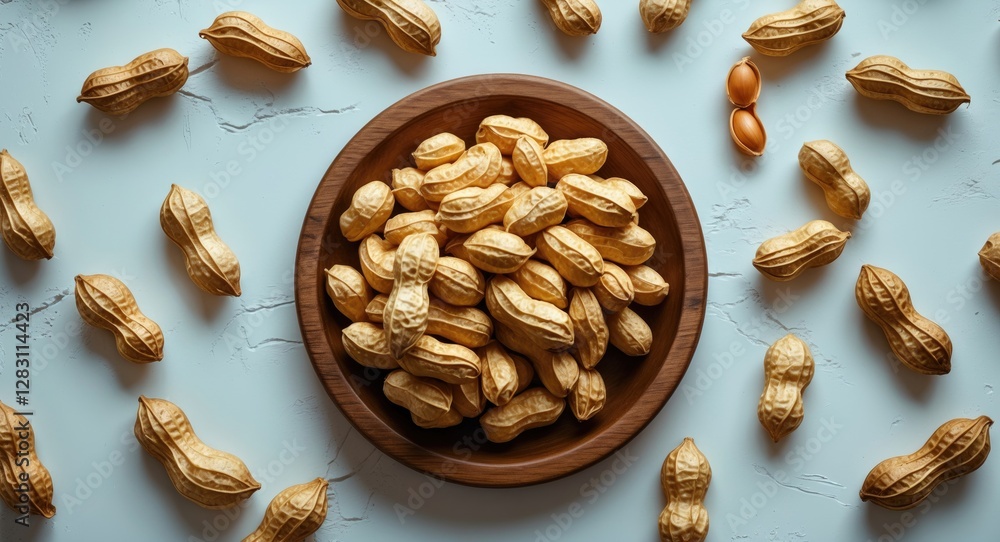 Poster raw peanuts in shell arranged around a wooden bowl filled with shelled peanuts on a light textured b