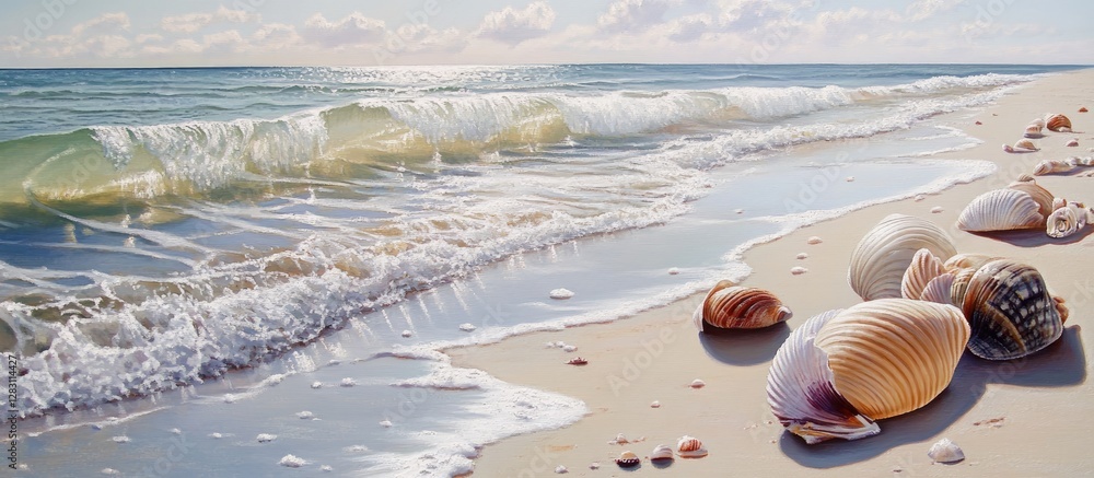 Poster serene sandy beach shoreline with gentle waves lapping at colorful seashells scattered across the so