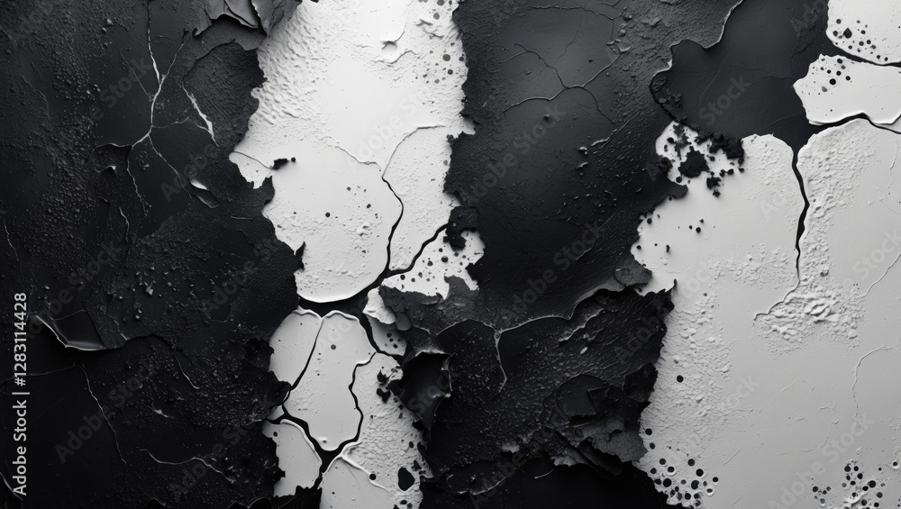 Poster black and white abstract texture with cracks and peeling paint on a surface creating a modern artist