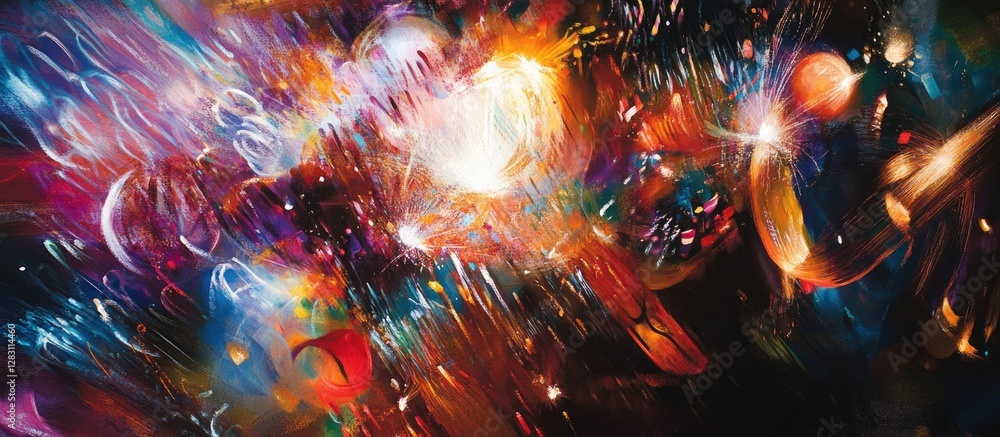 Poster vibrant fireworks burst in a lively celebration, showcasing bright colors and dynamic swirls against